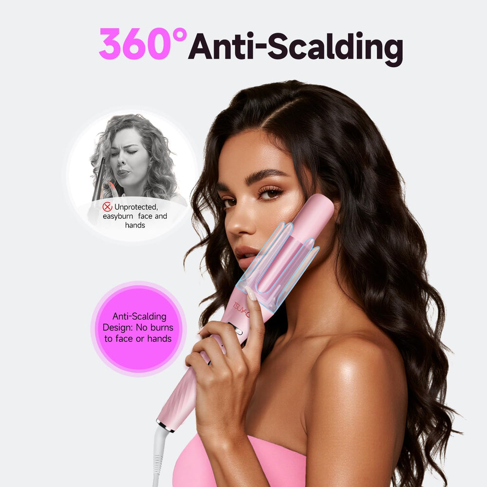 TSUYAGLA pink curling iron featuring anti-tangle design for safe curling.