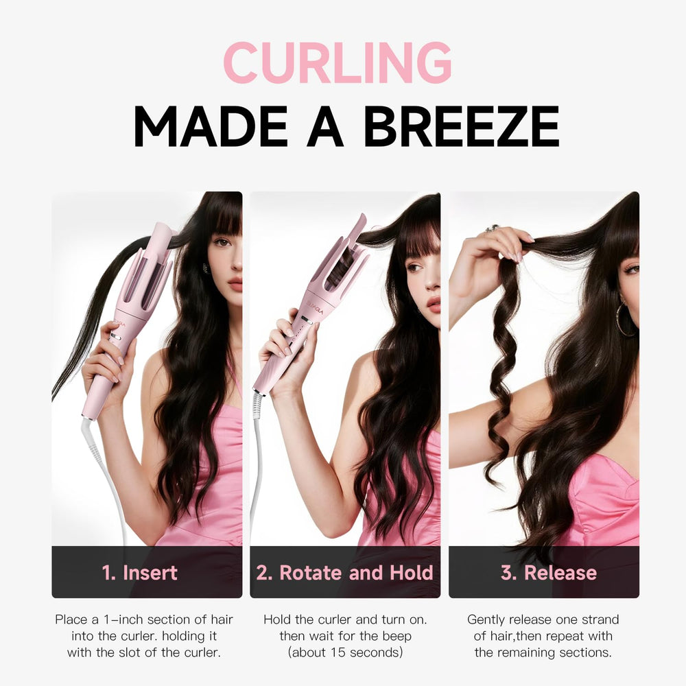 TSUYAGLA pink curling iron showing the auto curl chamber for hands-free styling.