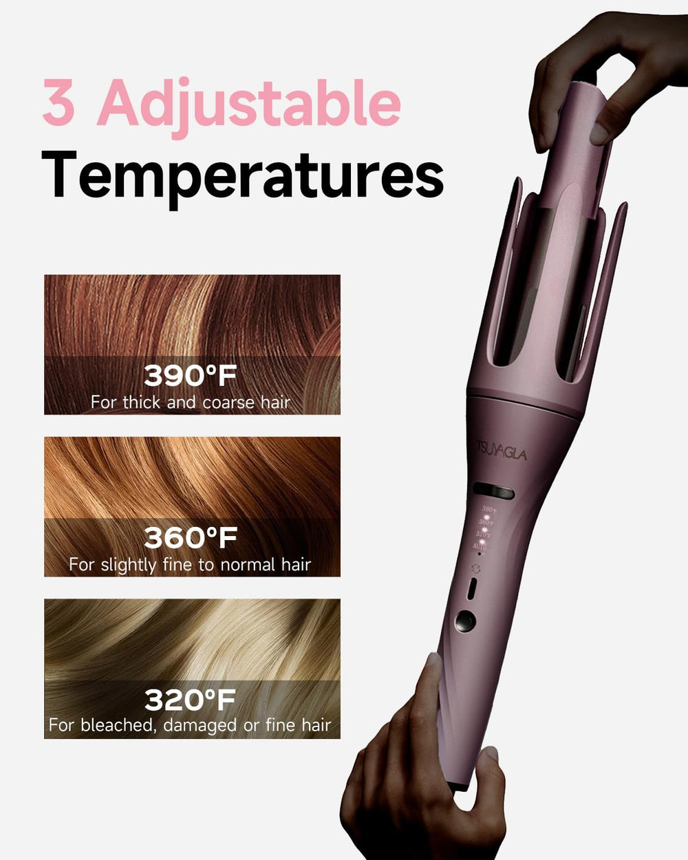 TSUYAGLA pink curling iron with a swivel cord for smooth operation.
