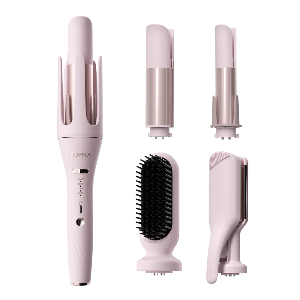 TSUYAGLA 5-in-1 auto curling iron set main shot shows pink finish and ergonomic handle for easy styling.