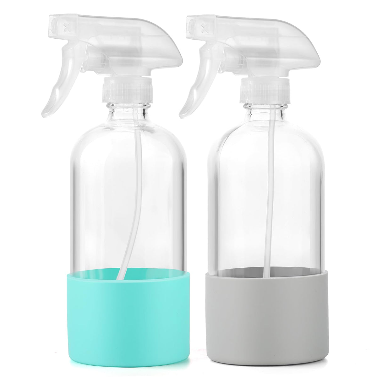 TTTred glass spray bottle with mint-green silicone sleeve for easy grip and spill protection.