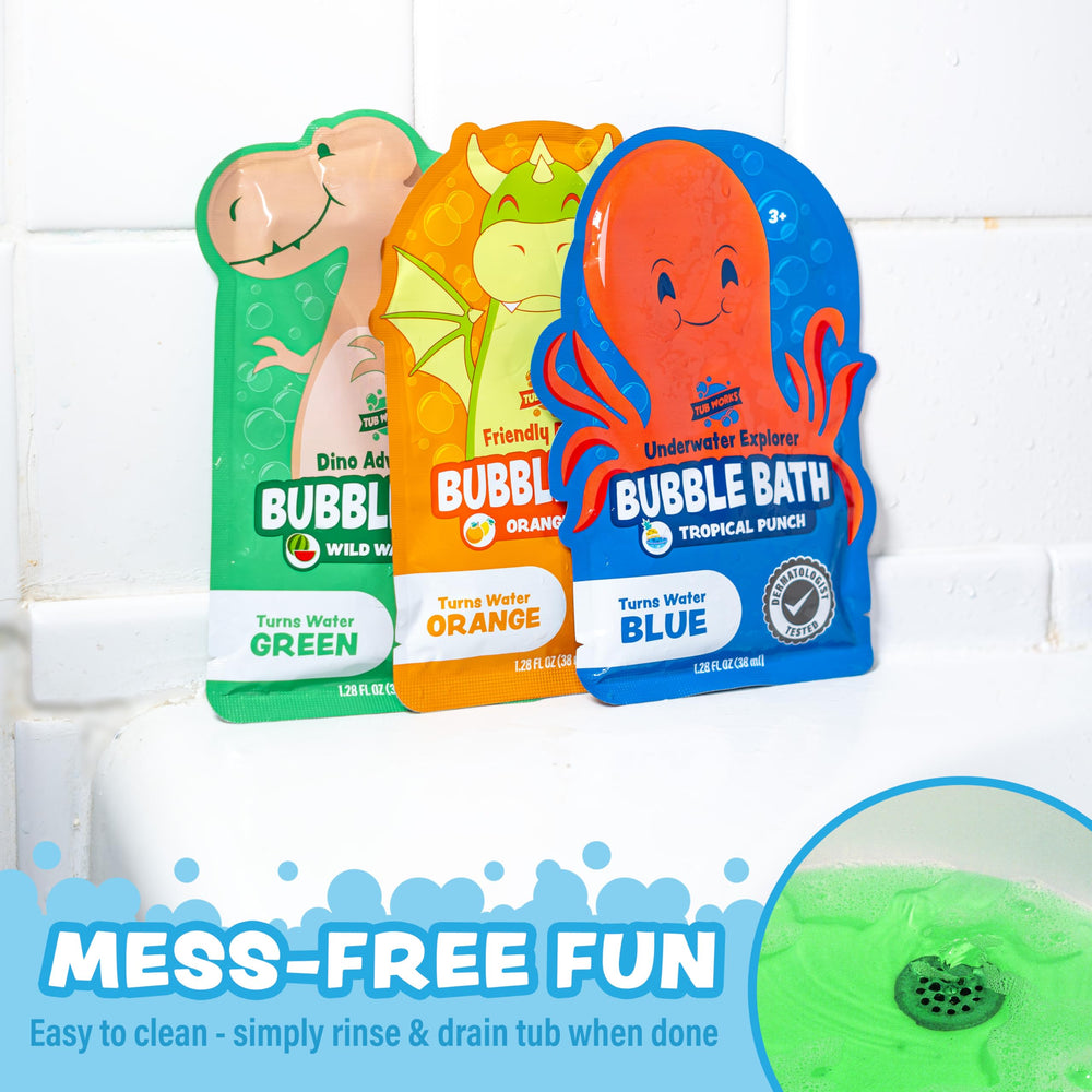 Tub Works bano burbujas ninos dino-aventura-verde-uso-relajante: experiencia sensorial suave.