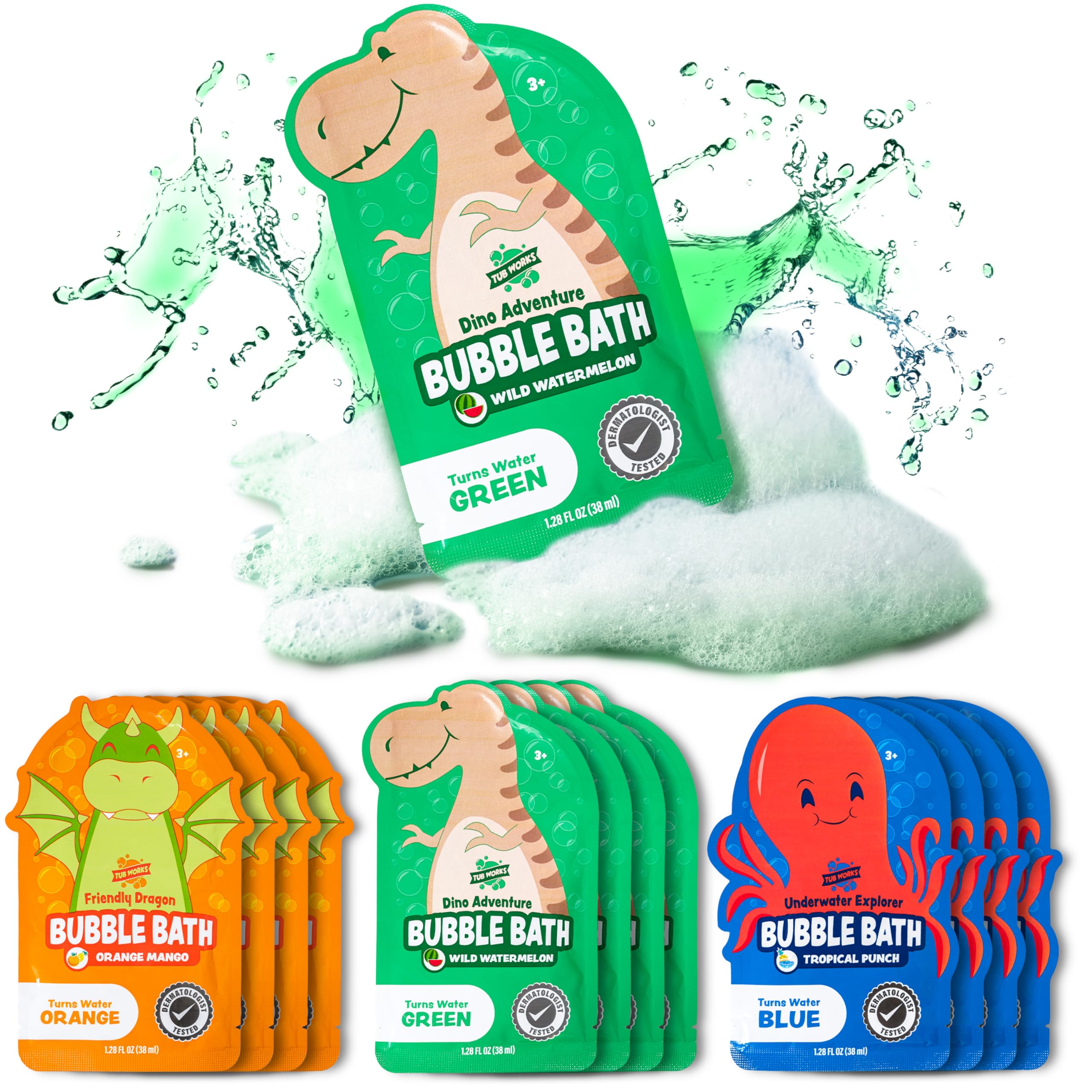 Tub Works bano burbujas ninos dino-aventura-verde: burbujas duraderas y colores brillantes para la hora del baño.