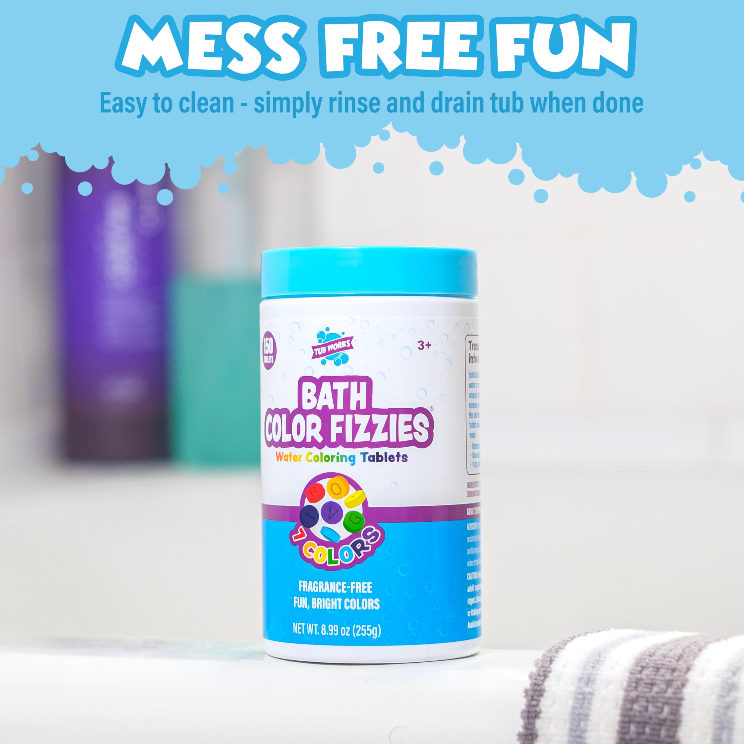 Tub Works Bath Color Fizzies violet tablets in a canister for magical bath moments