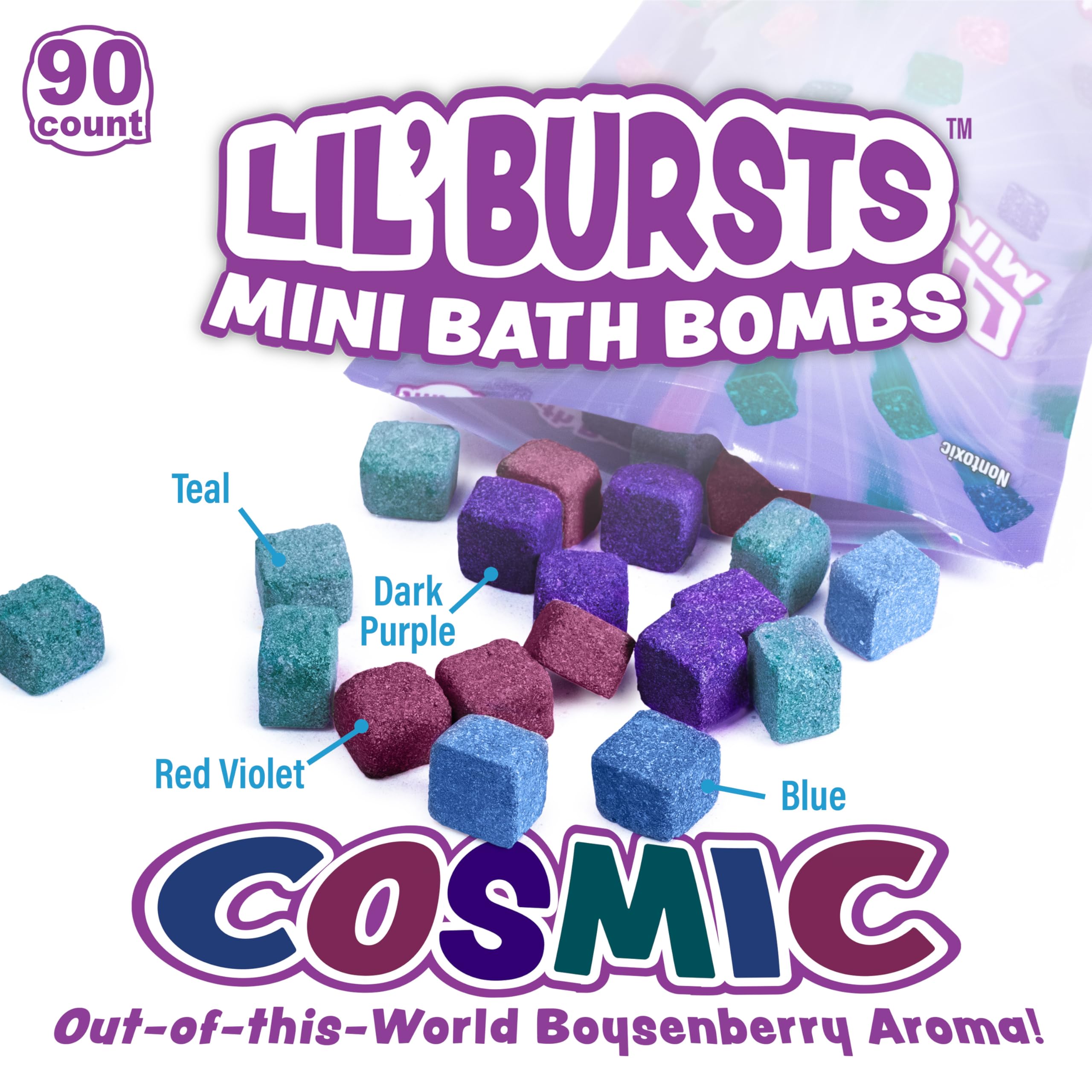 Tub Works Lil' Bursts aroma frutos del bosque para baño sensorial.