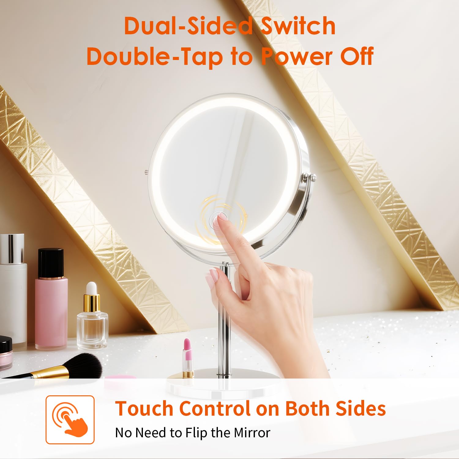tubbede makeup mirror with three-level LED lighting for customizable brightness.