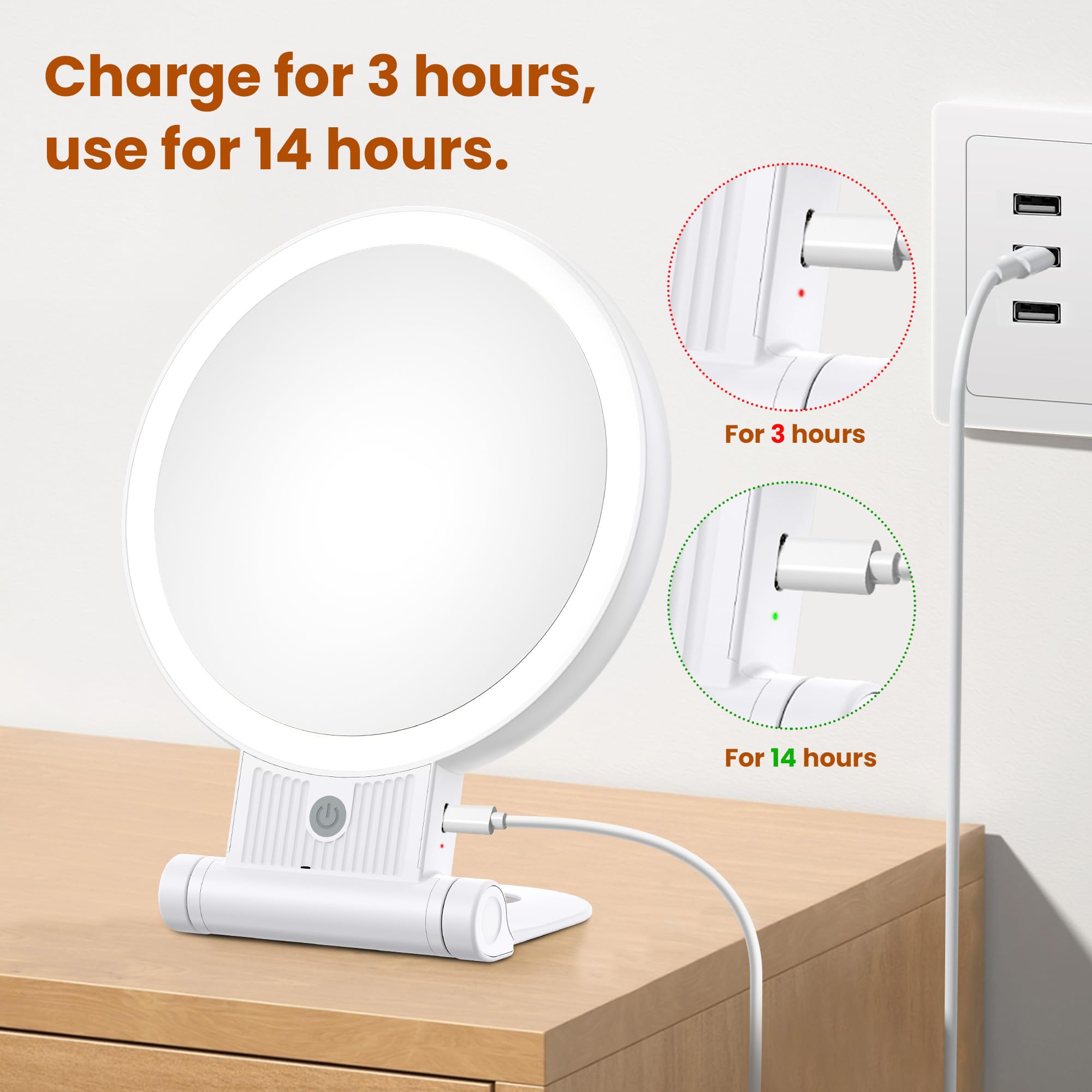 Tubbede rechargeable makeup mirror powered by a 2000mAh battery for cordless use.