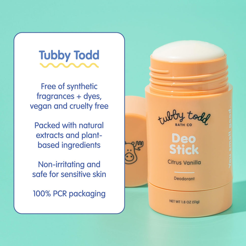 Tubby Todd Deo Stick Kids 2-pack on display highlights lasting, aluminum-free protection.