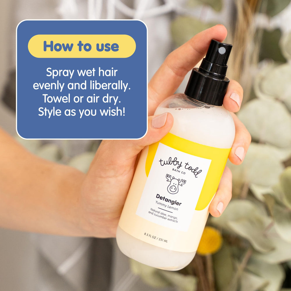 Kids applying Tubby Todd detangler for gentle daily hair care
