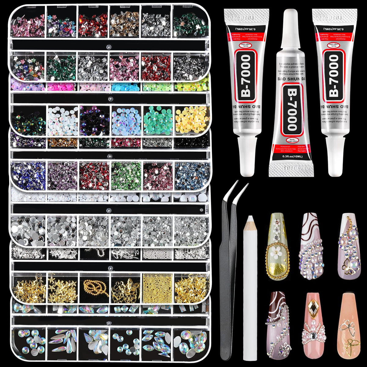 Tucepu kit adornos uñas perlas AB y piedras pavé para un diseño elegante.