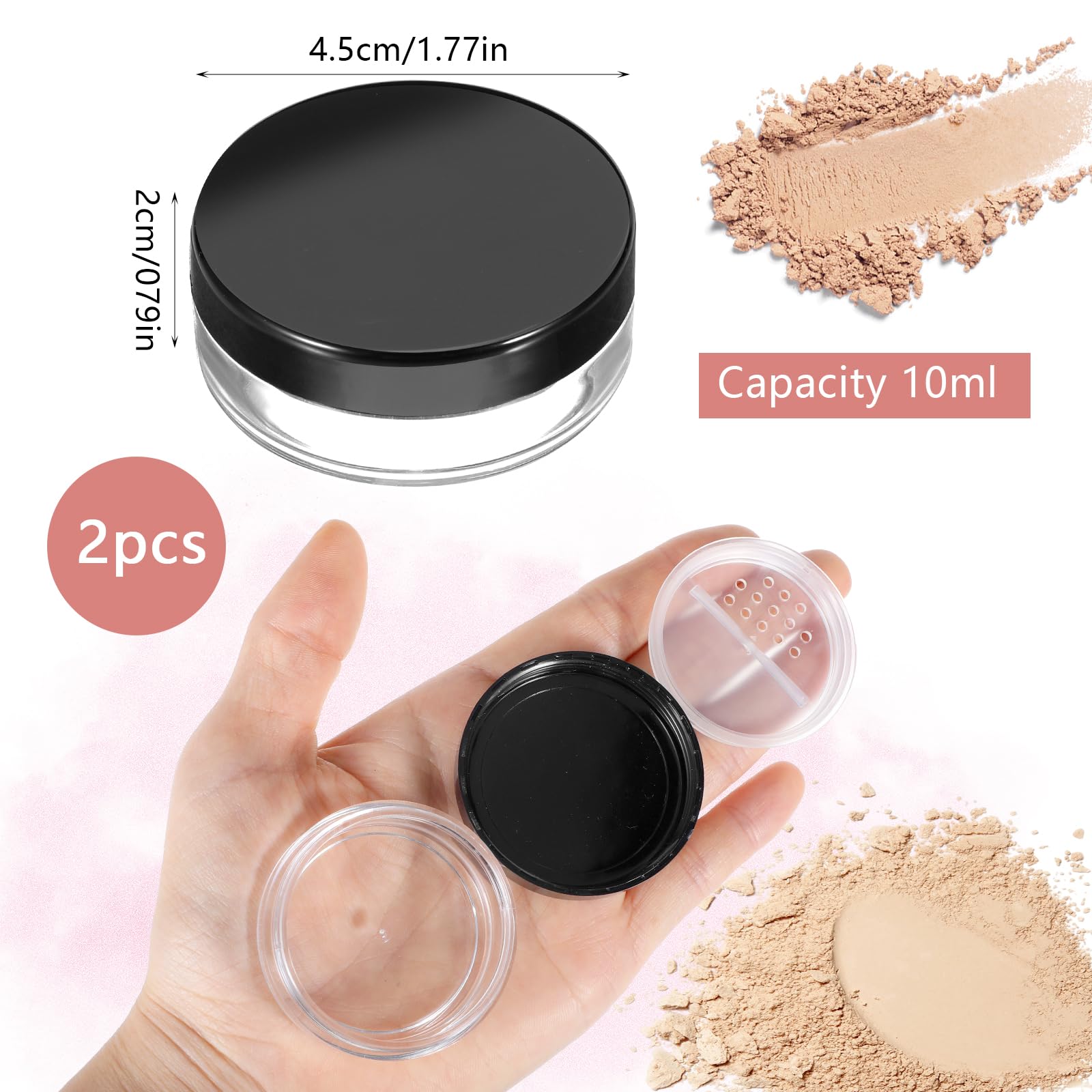 Tucnoeu travel powder container open sieve shows powder flow for precise application.