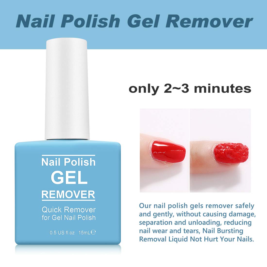 Tudiqe remoción gel rápida en 3-5 minutos para uñas limpias.