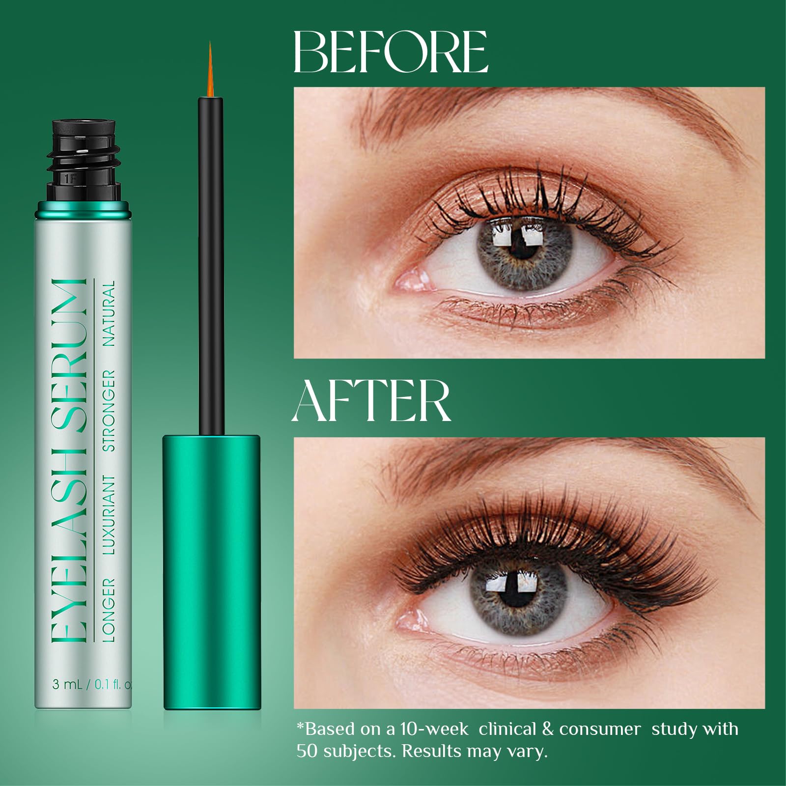 Botanical ingredients overlay on bottle highlights natural lash nourishment