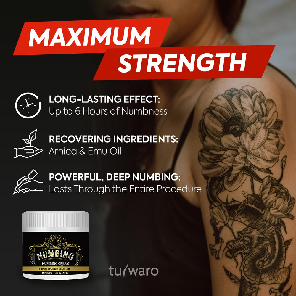 Tuiwaro Numbing Cream emu oil and arnica bottle highlights soothing botanicals for the skin.