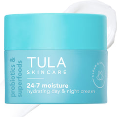 TULA 24-7 Hydrating Day & Night Cream jar delivers all-day moisture for balanced skin.
