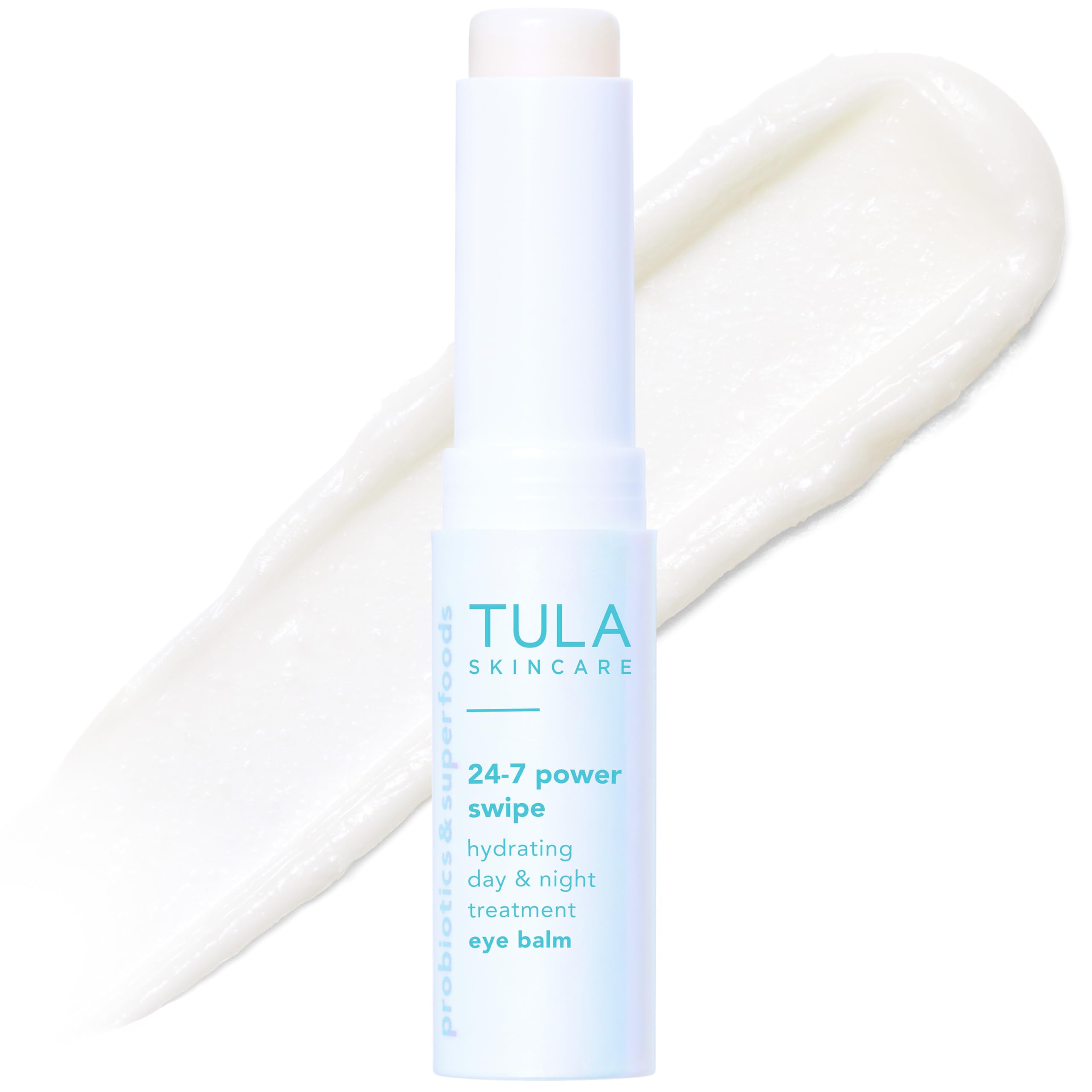 TULA 24-7 Power Swipe Eye Balm in open tube offers portable hydration for bright-looking eyes