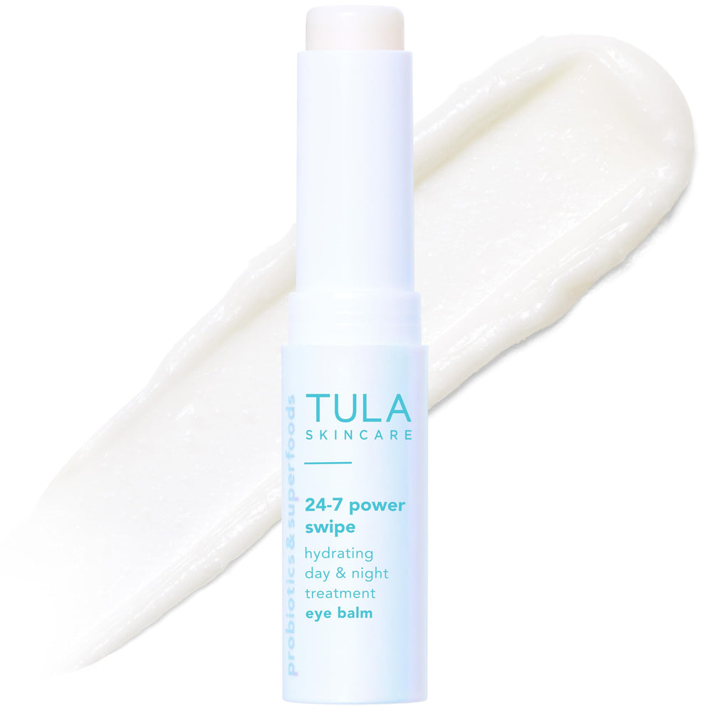 TULA 24-7 Power Swipe Eye Balm in open tube offers portable hydration for bright-looking eyes