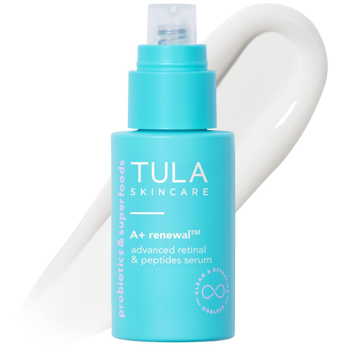 TULA A+ Renewal bottle closeup for nighttime hydration and premium skincare routine.