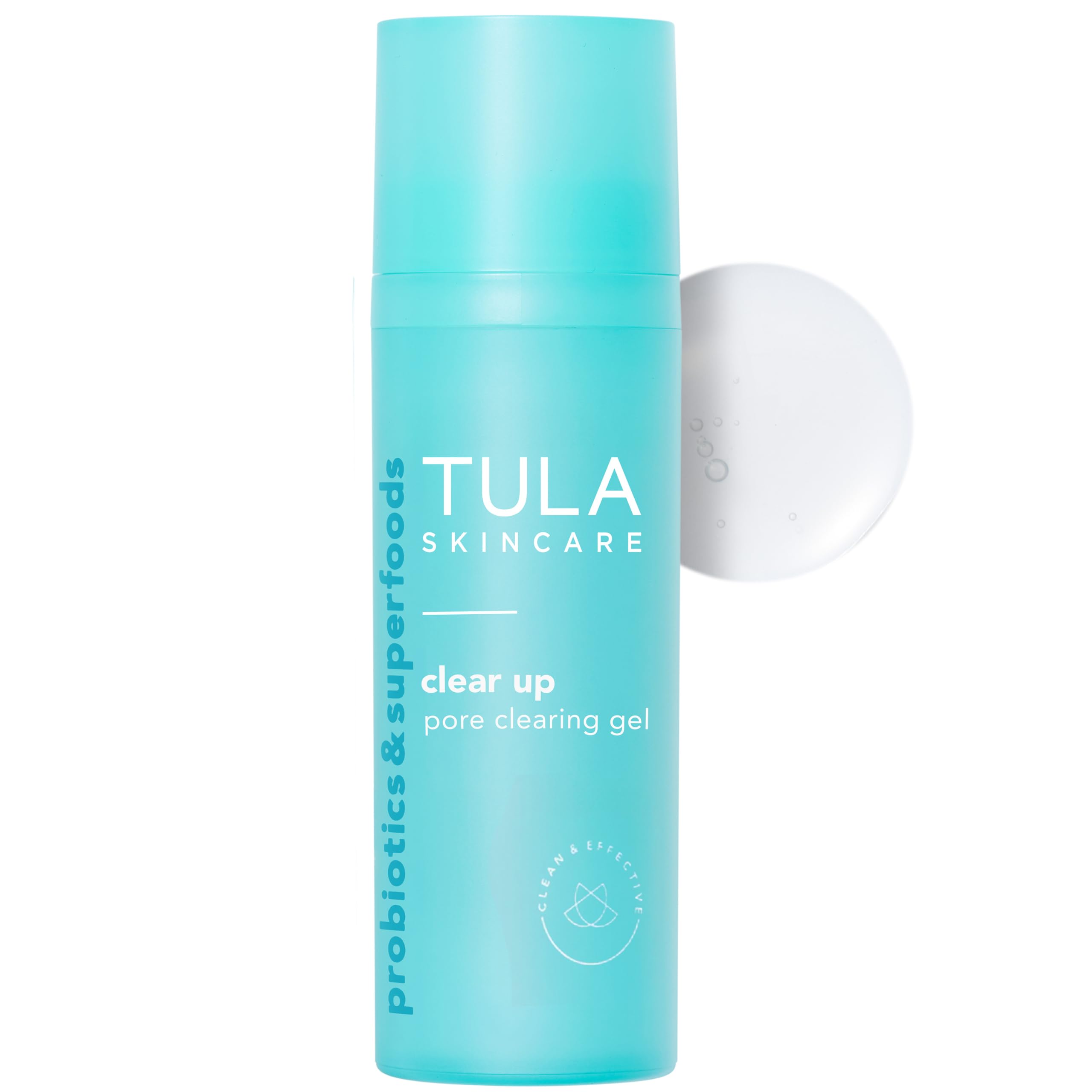 TULA Clear Up pore-clearing gel bottle highlighting pore refinement and exfoliation benefits.