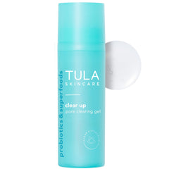 TULA Clear Up pore-clearing gel bottle highlighting pore refinement and exfoliation benefits.