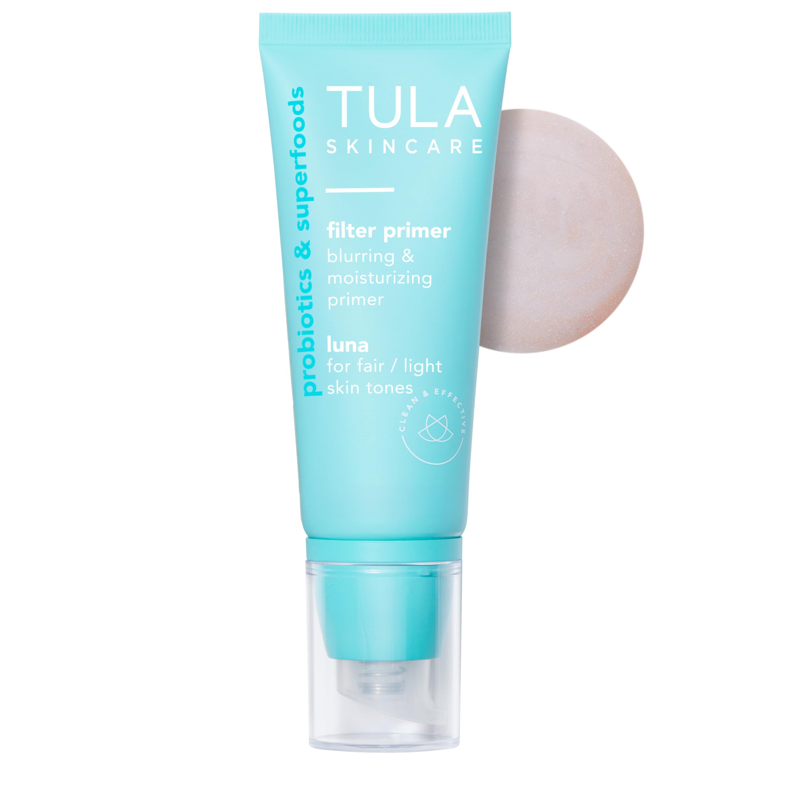 TULA Luna primer bottle front with sleek packaging for a hydrated, smooth base.