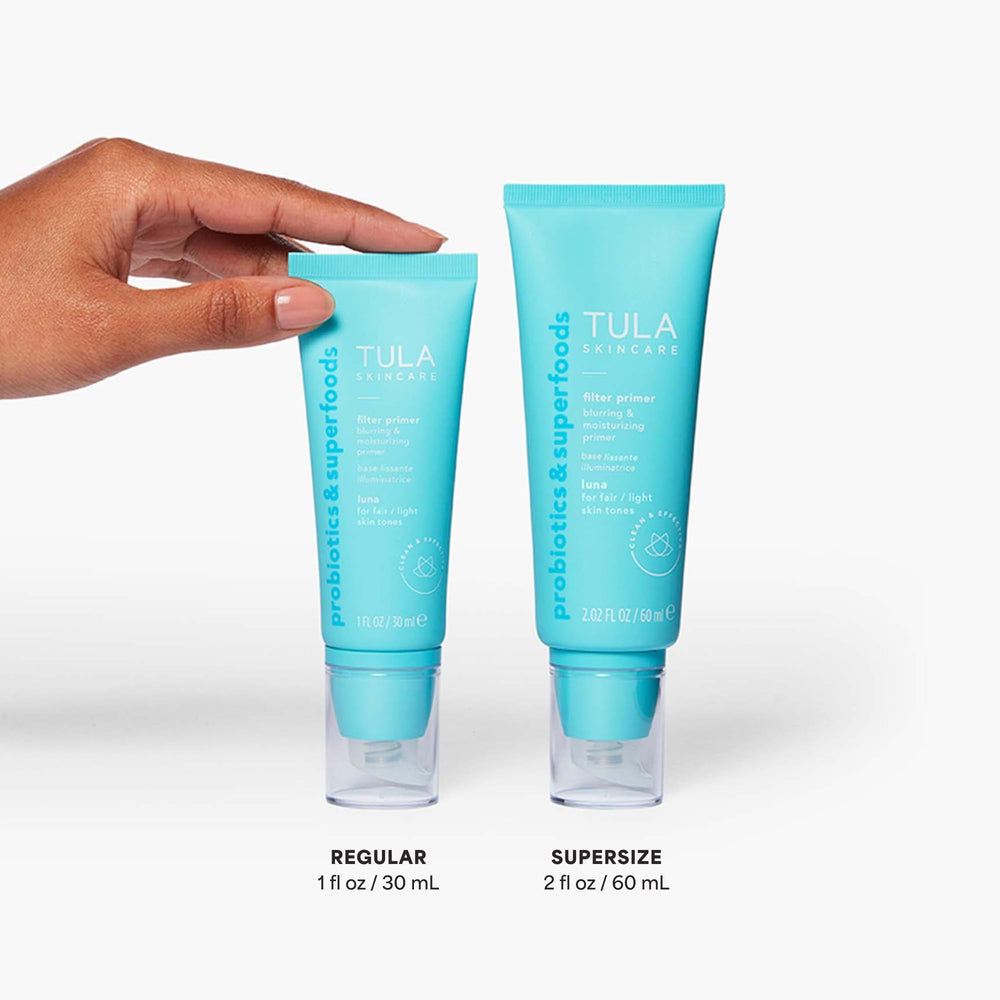 TULA Luna primer swirl on skin reveals glow and balanced tone.