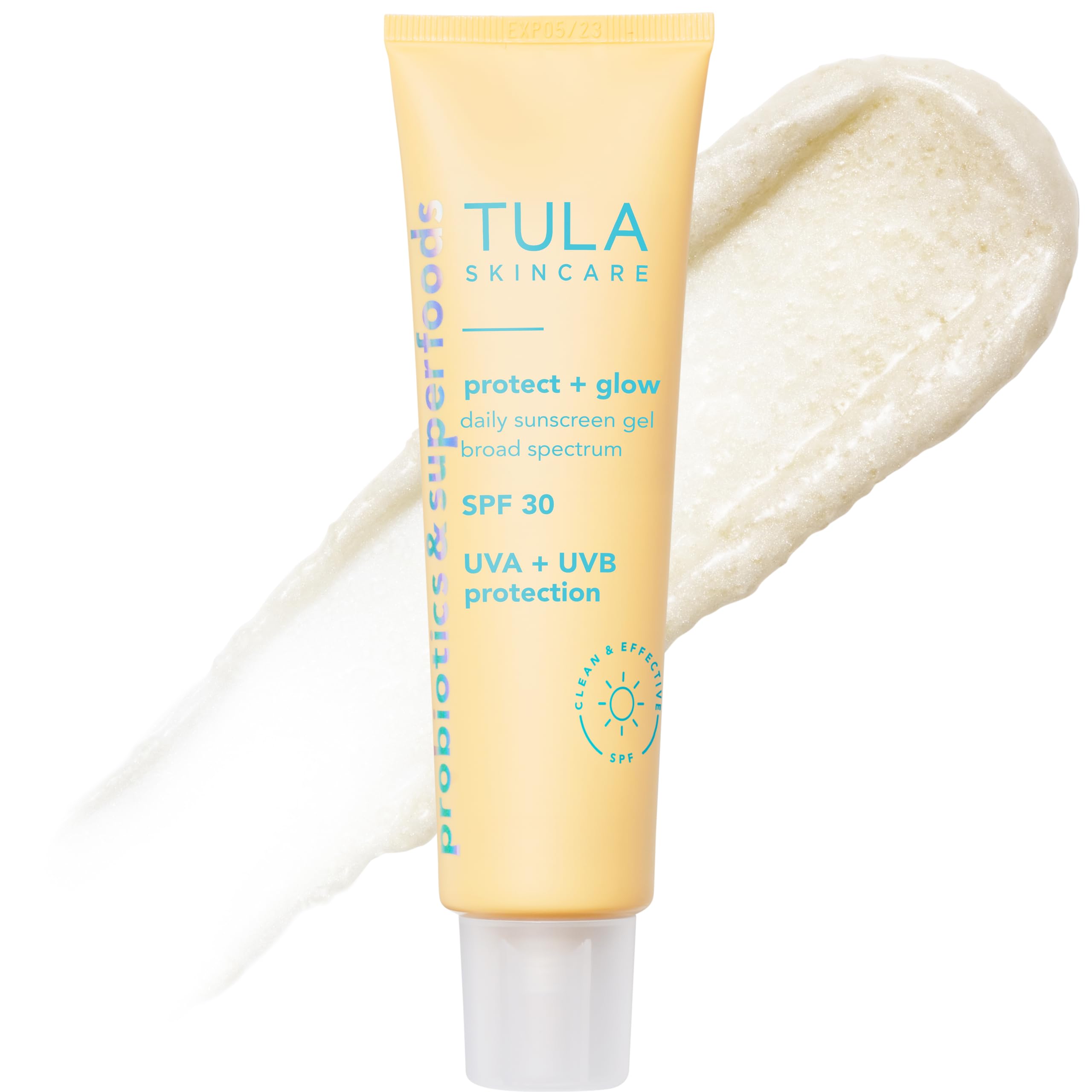 TULA Protect + Glow sunscreen gel bottle on shelf ready for daily protection.