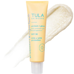 TULA Protect + Glow sunscreen gel bottle on shelf ready for daily protection.