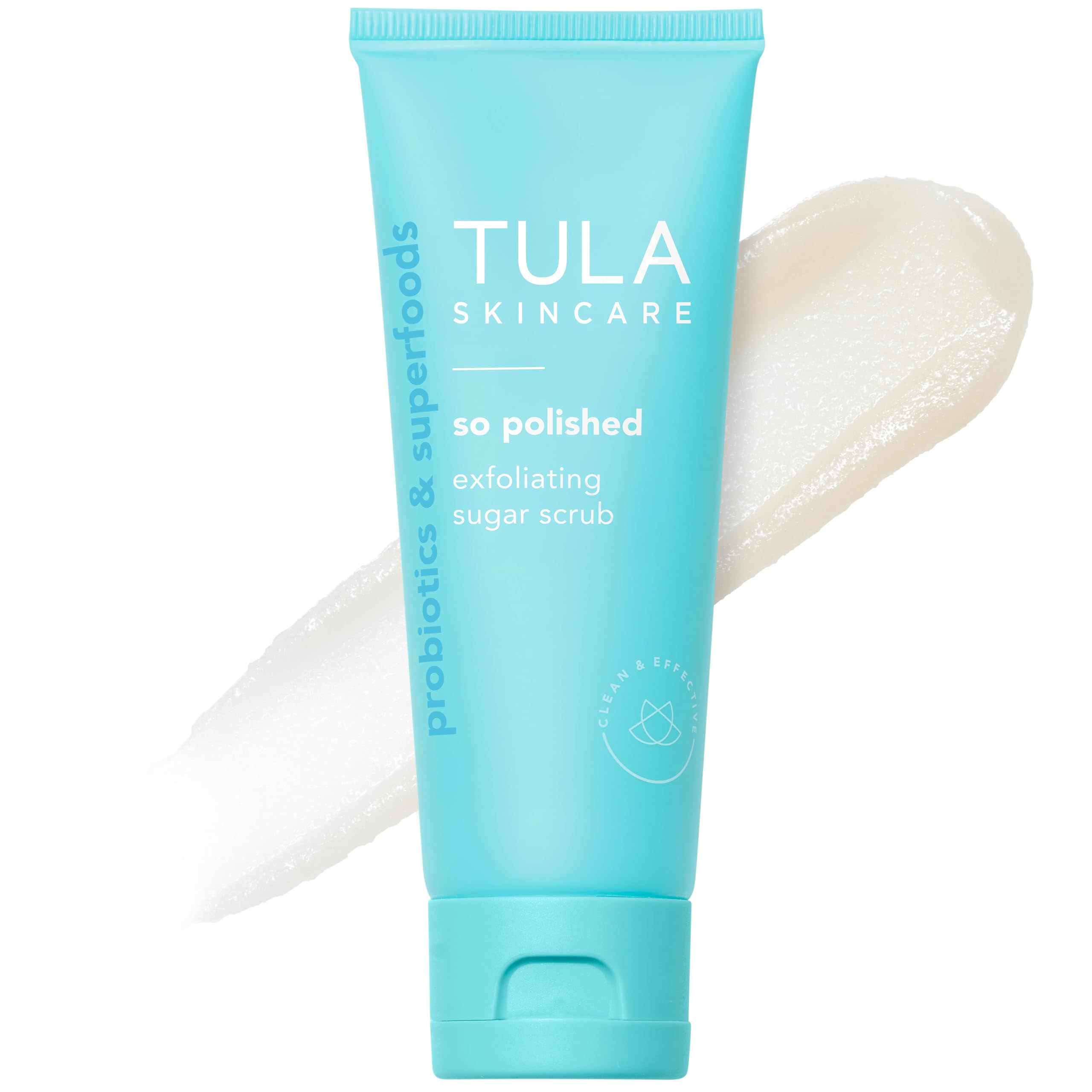 TULA So Polished exfoliating scrub in a jar, creamy texture for gentle cleansing.