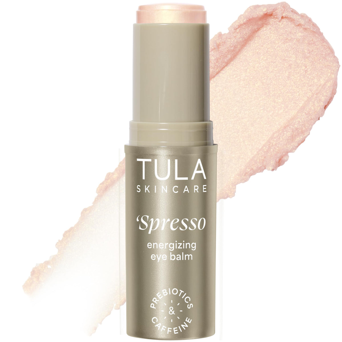 TULA Spresso Energizing Eye Balm gold glow tube ready for use, providing instant brightness