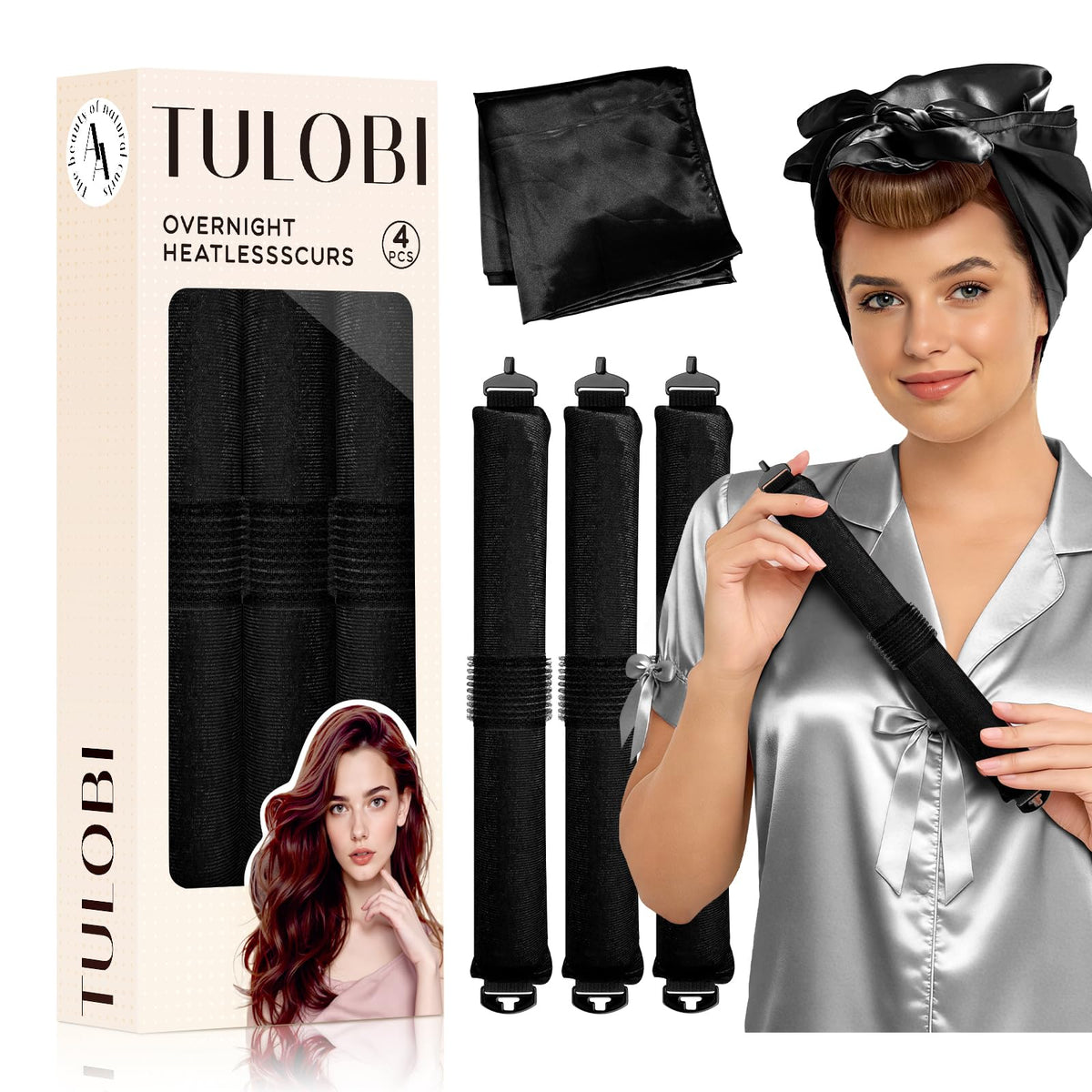 TULOBI heatless curls set showing overnight rods for all hair types