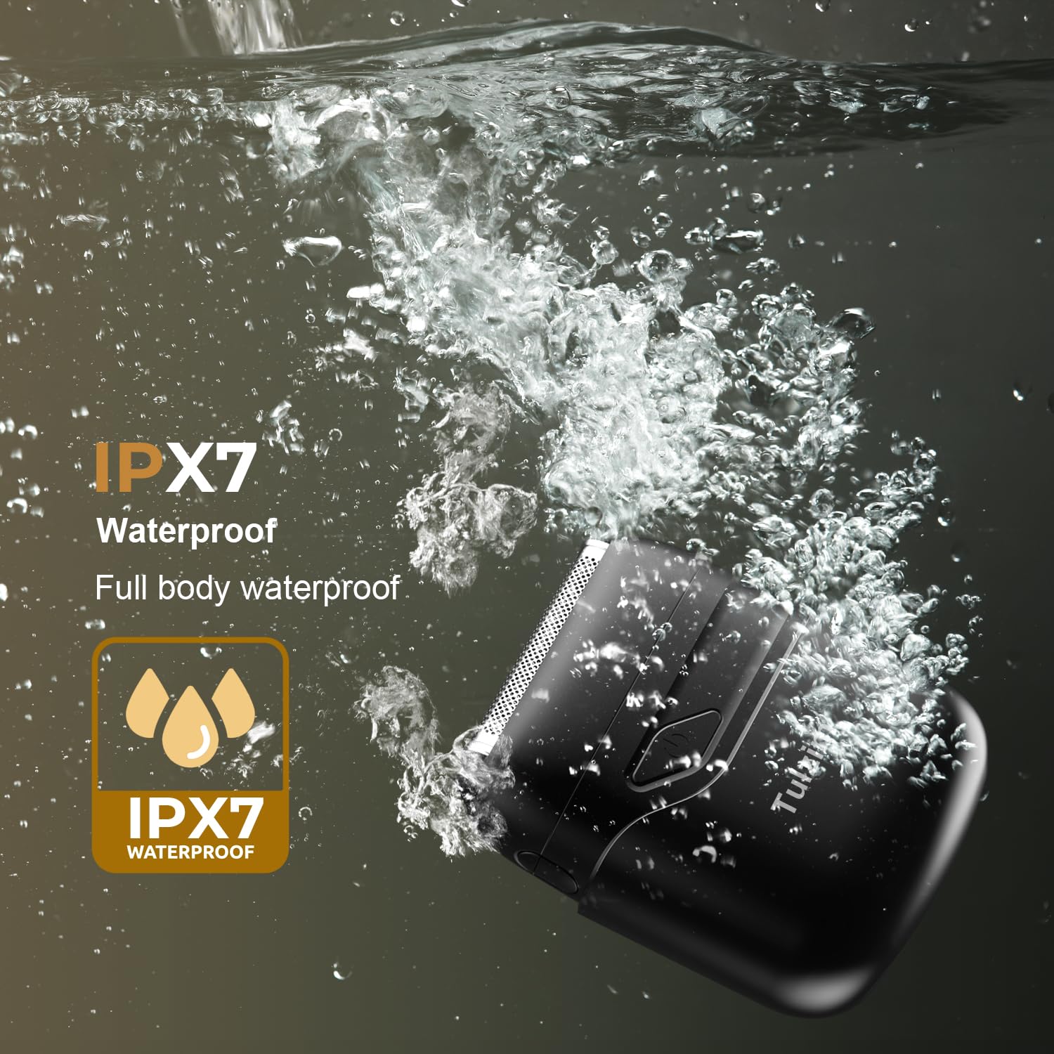 Tulzim shaver IPX7 waterproof design for wet or dry use.