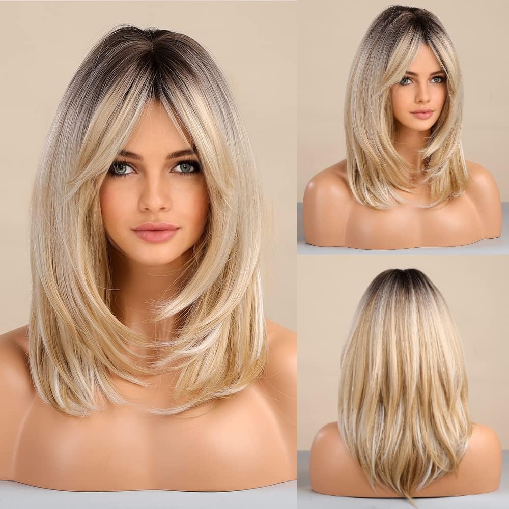 Tumhorn long layered blonde wig with bangs on display for daily styling versatility.