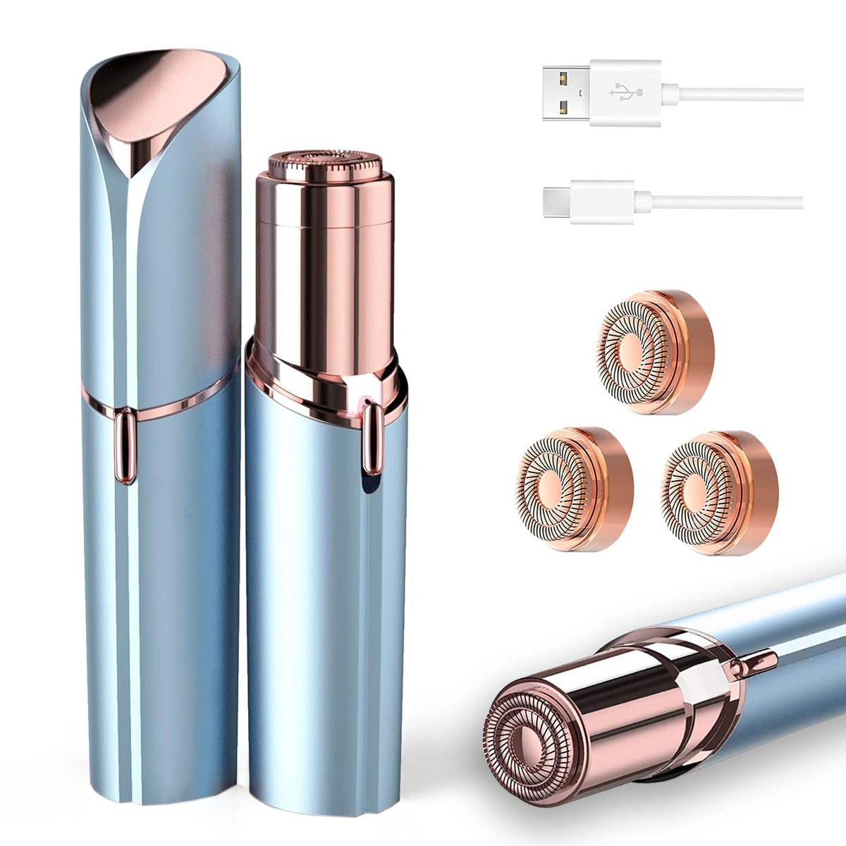 Tuokiy facial hair remover for women, blue, front view, ergonomic design for gentle trimming.