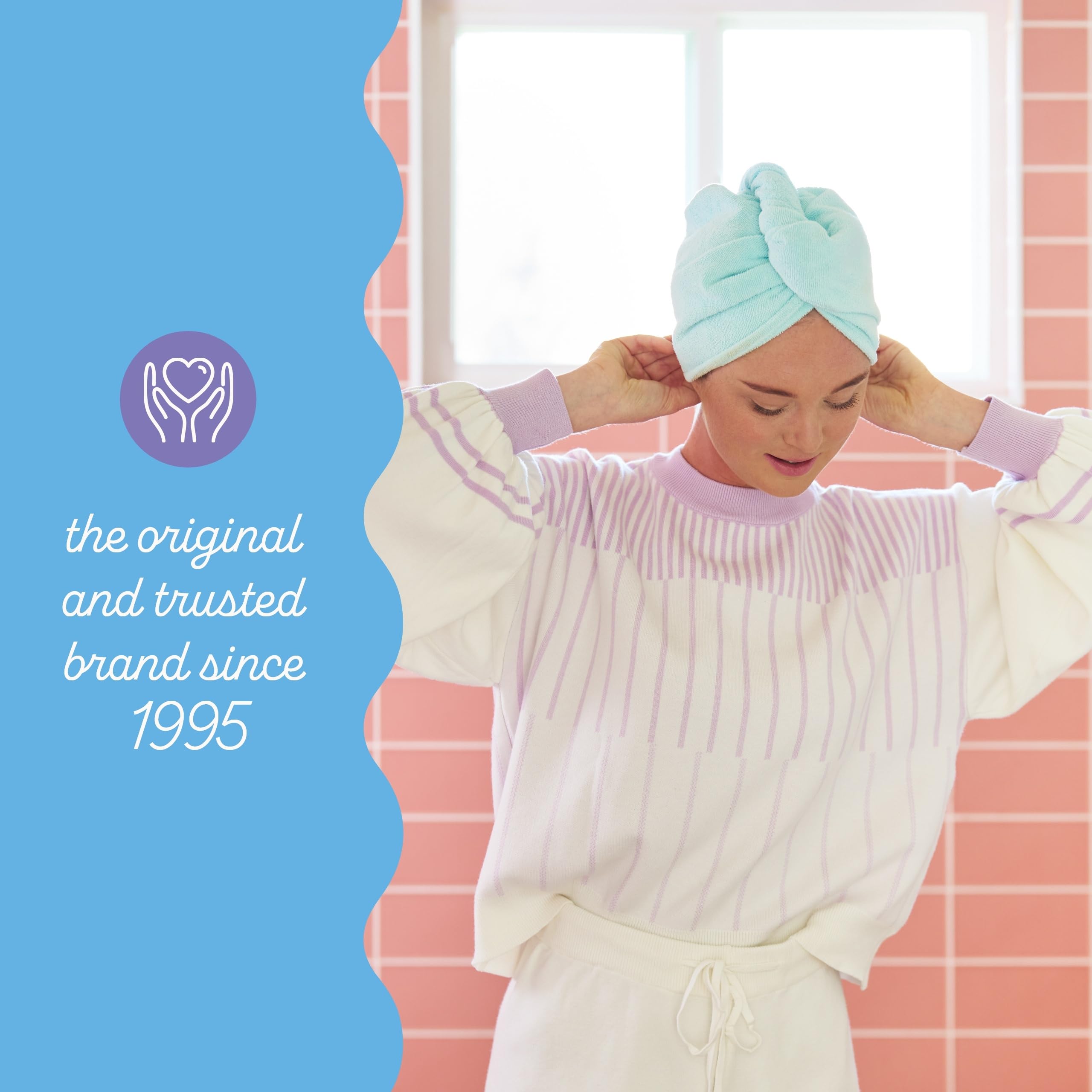 Turbie Twist worn-on-head demonstrates secure, hands-free secure styling during routines.