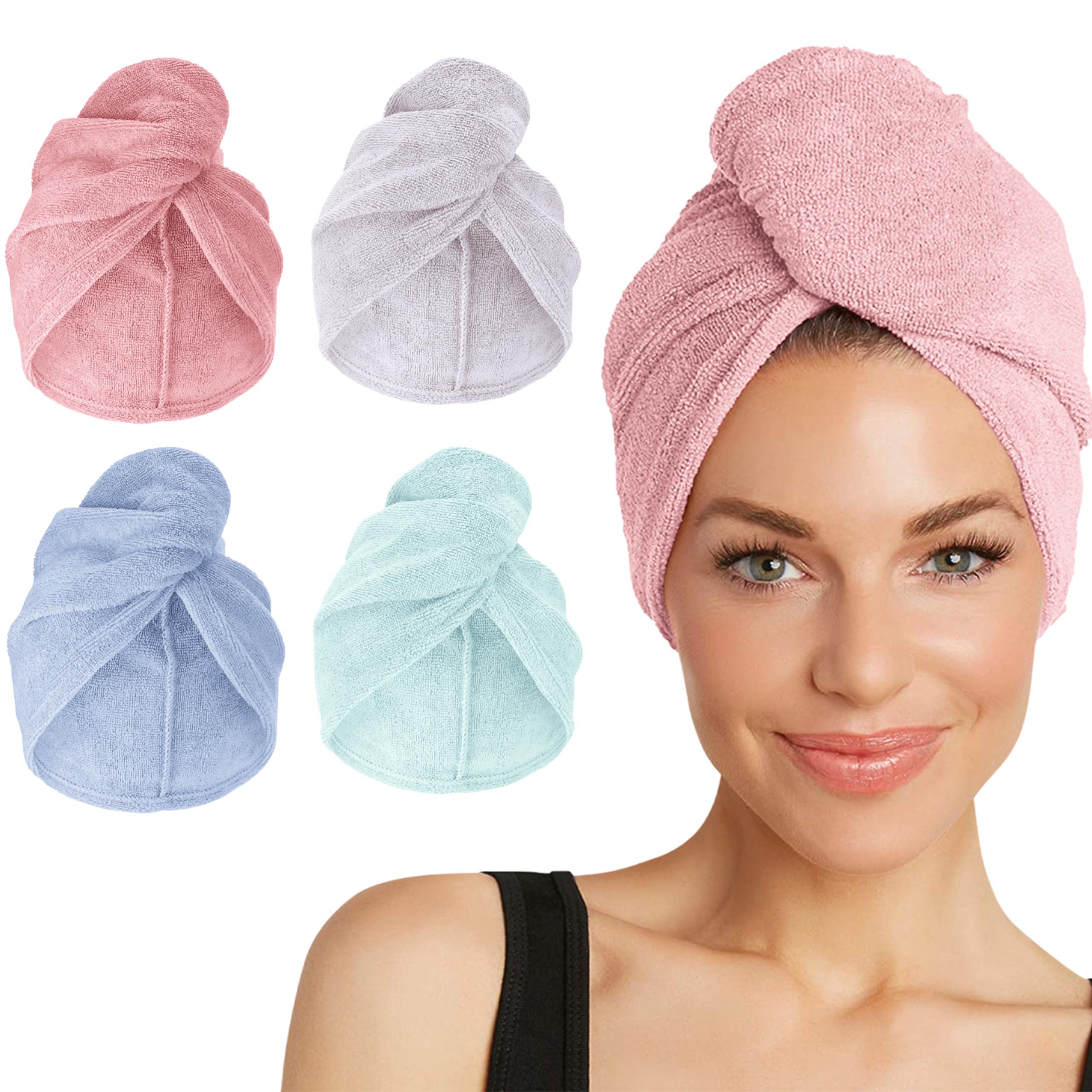 Turbie Twist microfiber hair towel in pink close-up, plush and absorbent for quick drying.