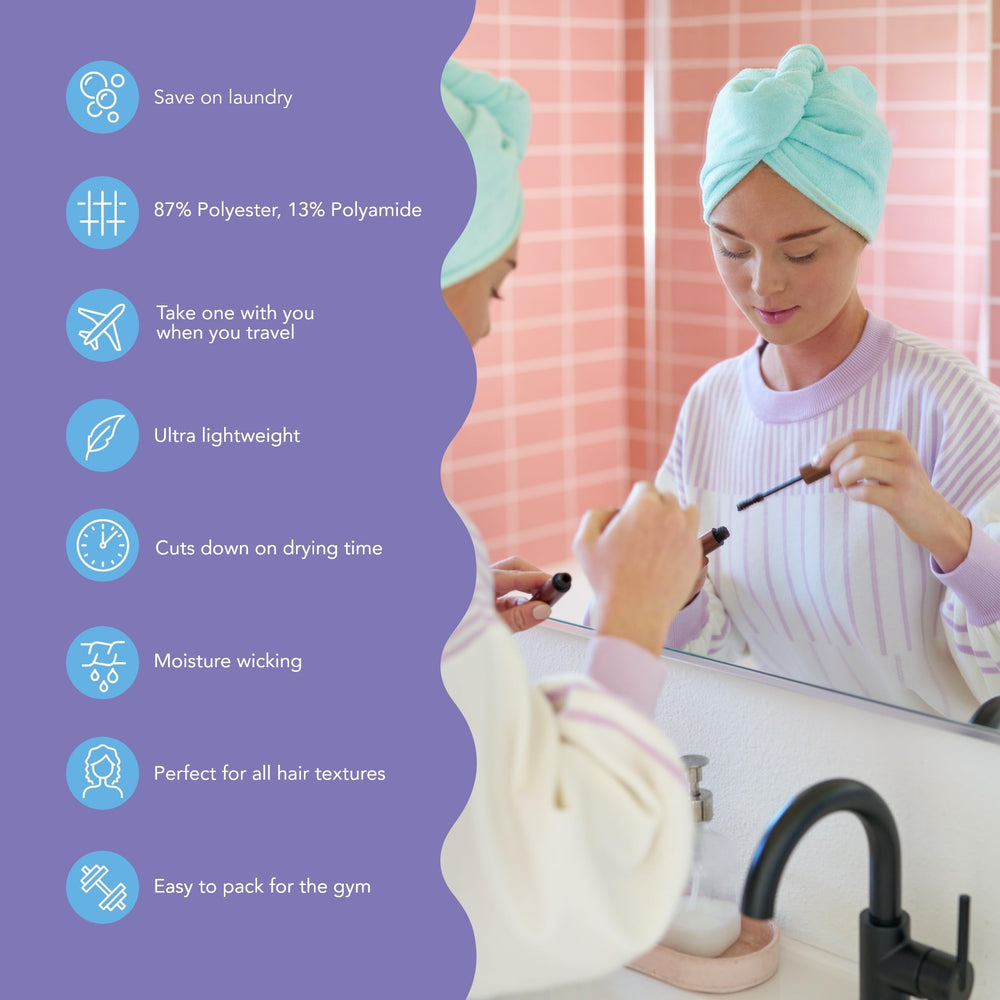 Turbie Twist microfiber hair towel in purple close-up, soft fabric and anti-frizz feel.