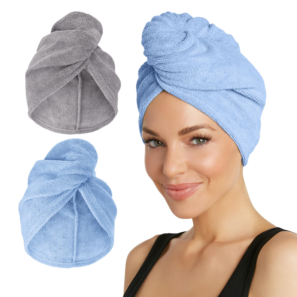 Turbie Twist 2-pack microfiber hair towel in grey and blue, quick-drying luxury.