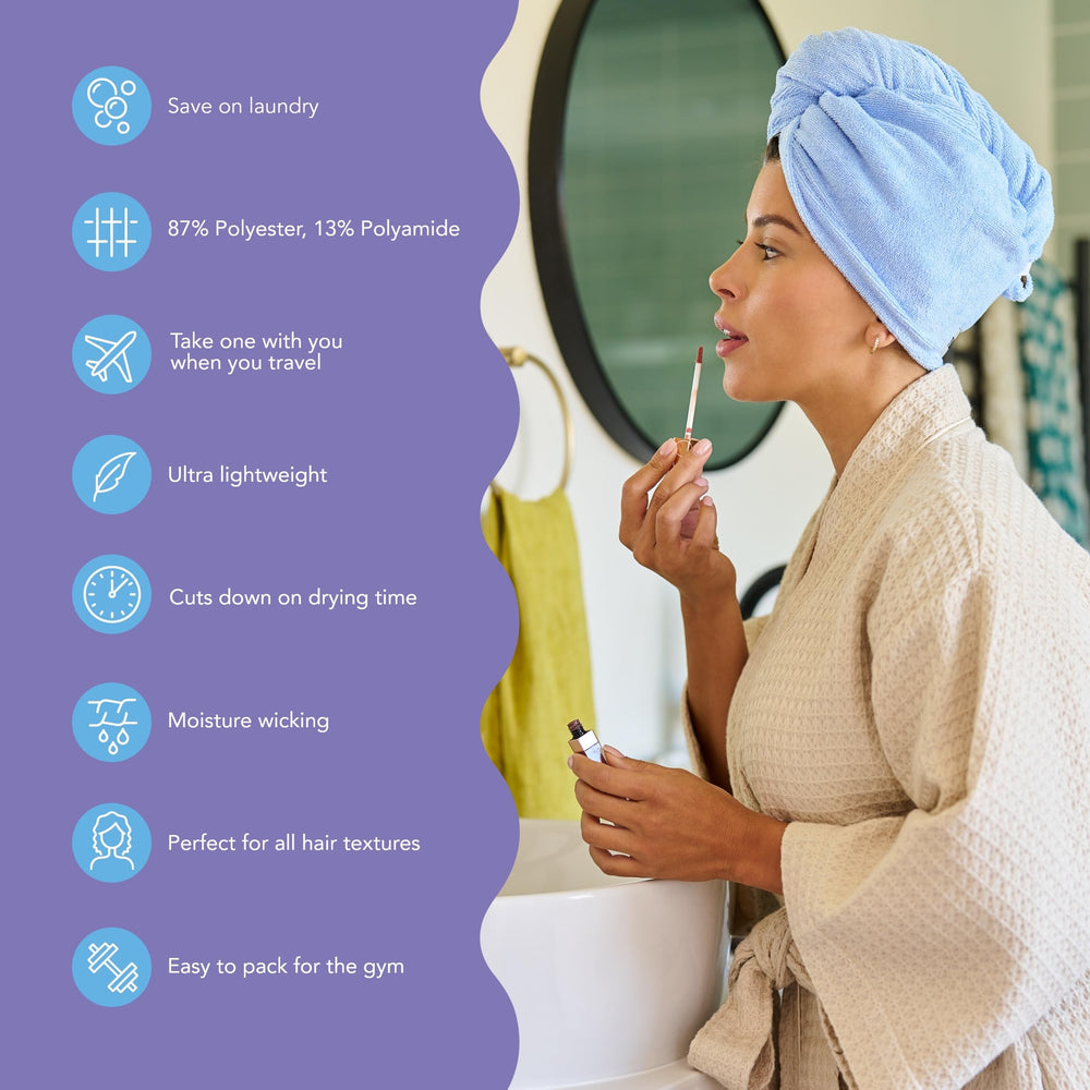Turbie Twist hair turban in grey and blue, gentle wrap reduces friction on hair.