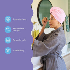 Turbie Twist microfiber towel wrap with twist-loop secures in place.