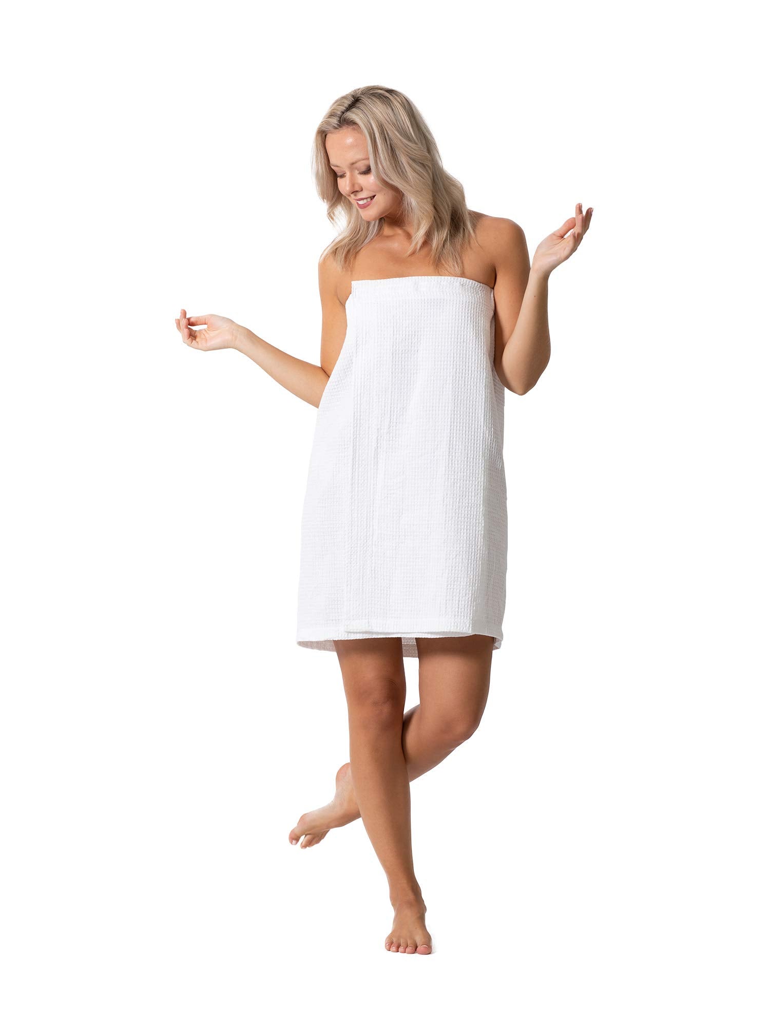 Turkish Linen Waffle Wrap white front view highlights lightweight, quick-drying comfort.