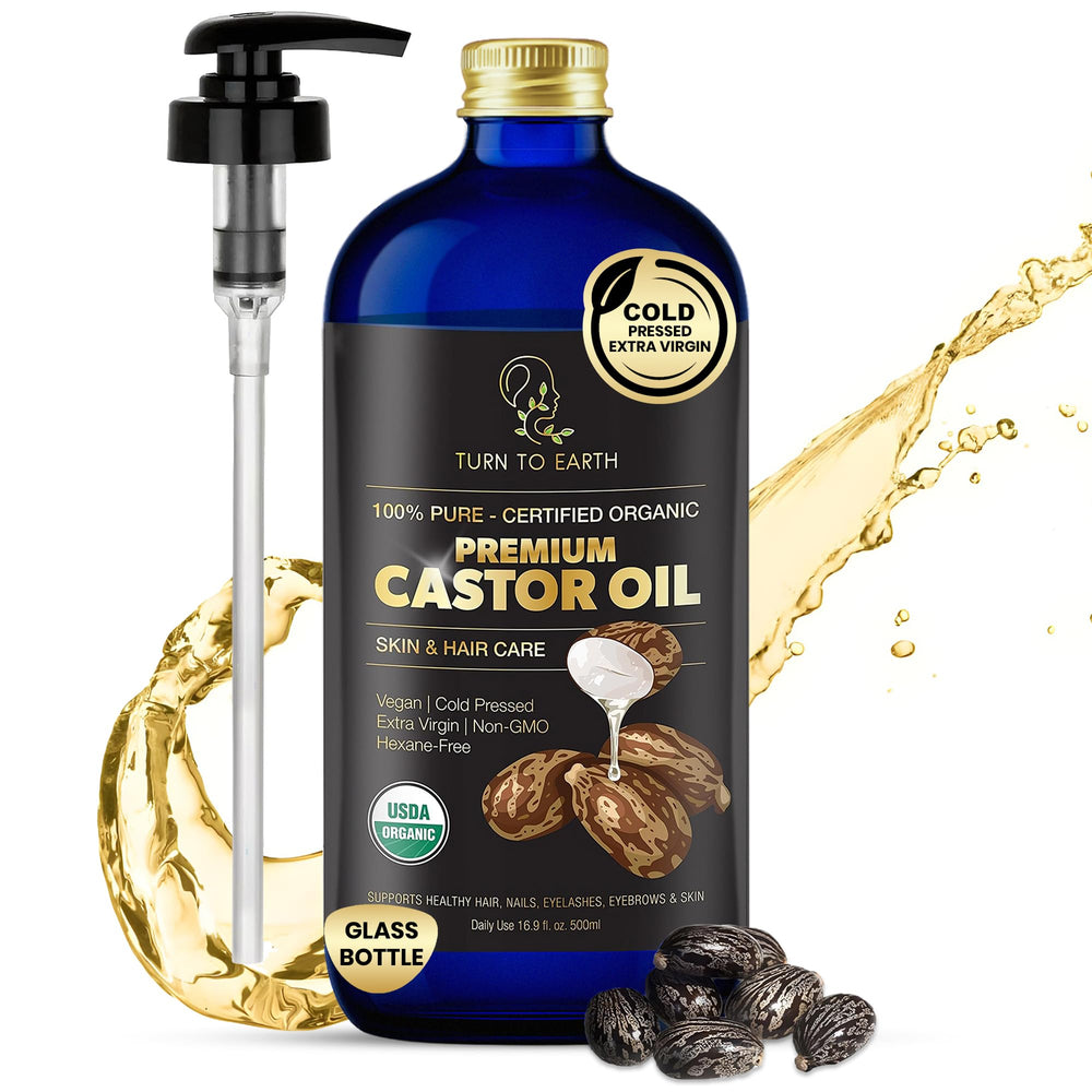 TURN TO EARTH Castor Oil bottle with pump for easy application.