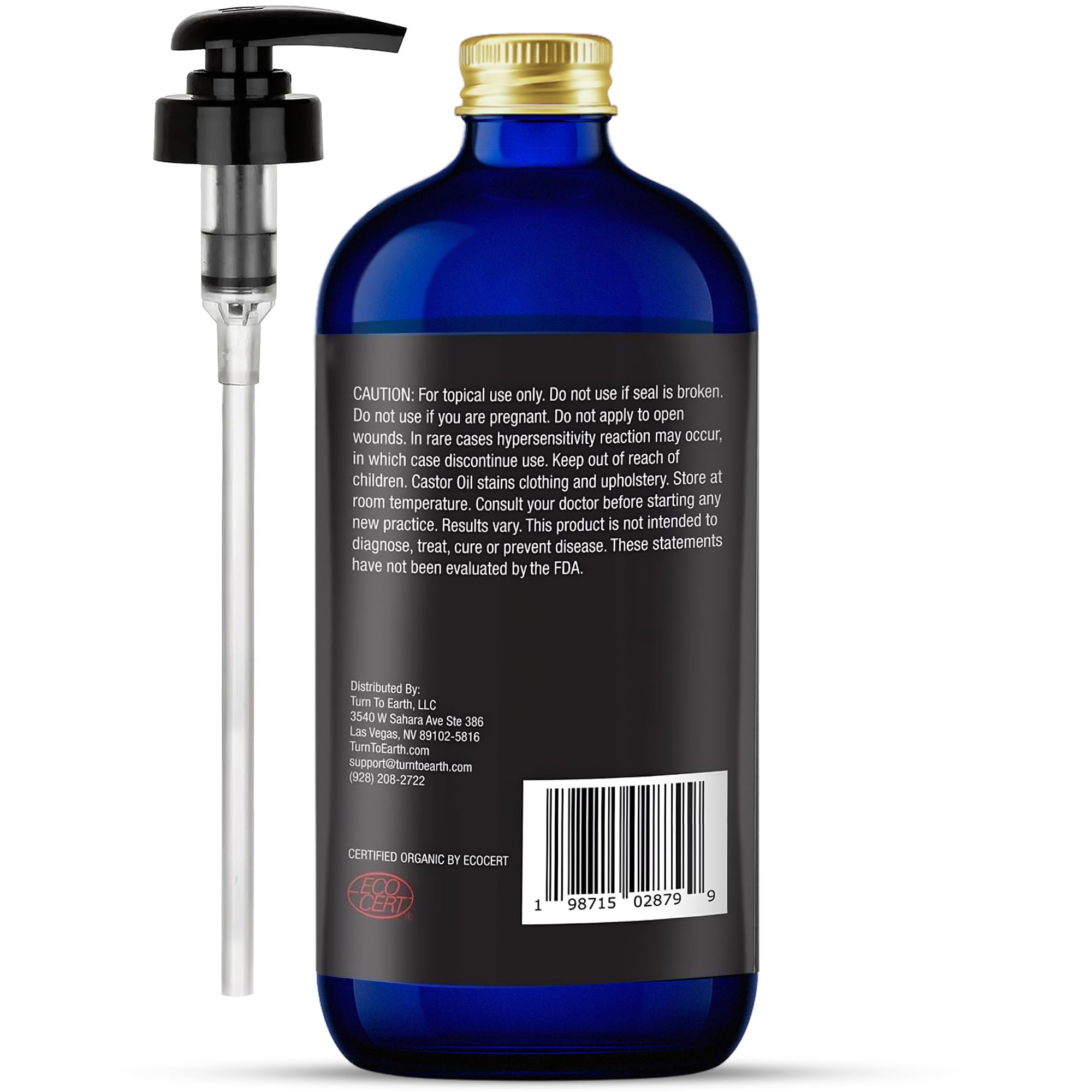 TURN TO EARTH Castor Oil reusable glass bottle packaging design.