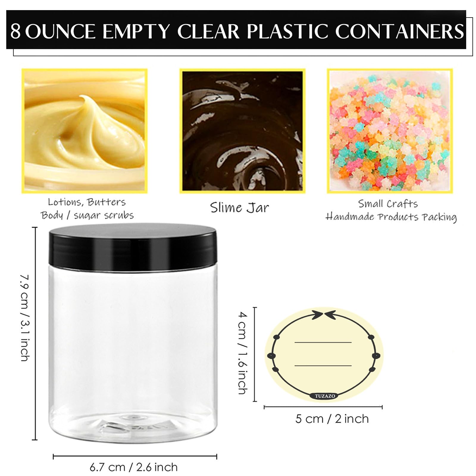 Tuzazo clear 8oz cosmetic jar with labels for quick identification