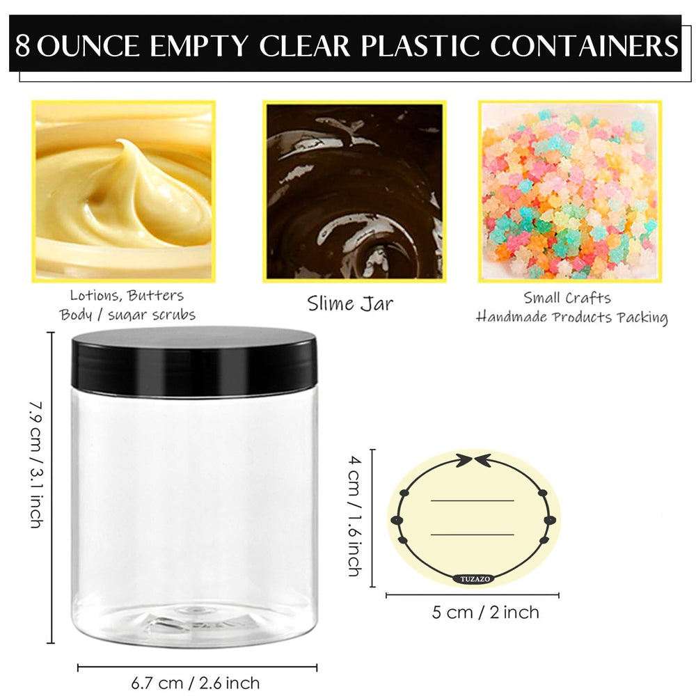 Tuzazo clear 8oz cosmetic jar with labels for quick identification