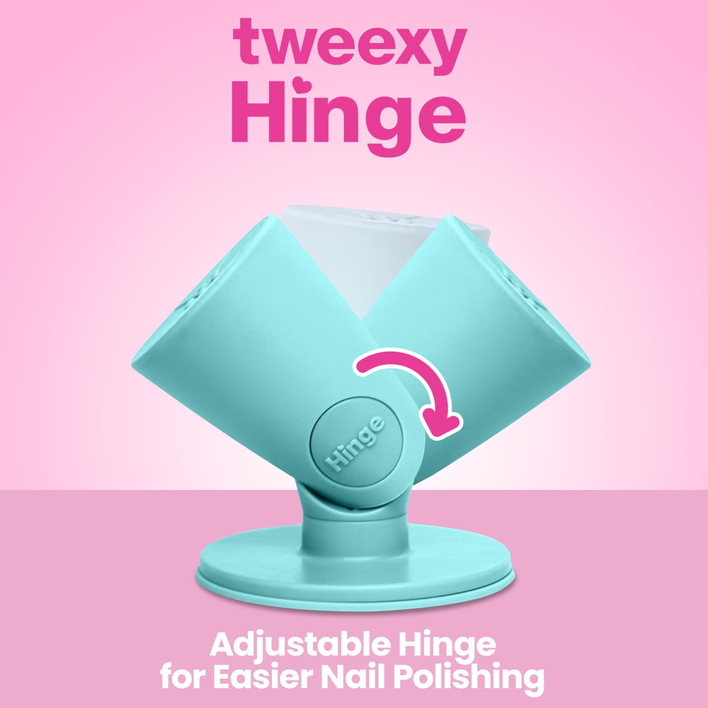 Tweexy Hinge anti-spill on desk demonstrates mess-free manicures with secure bottle grip.