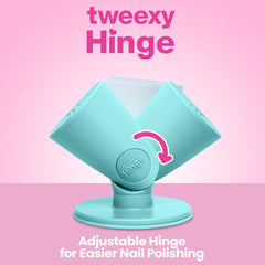Tweexy Hinge anti-spill on desk demonstrates mess-free manicures with secure bottle grip.