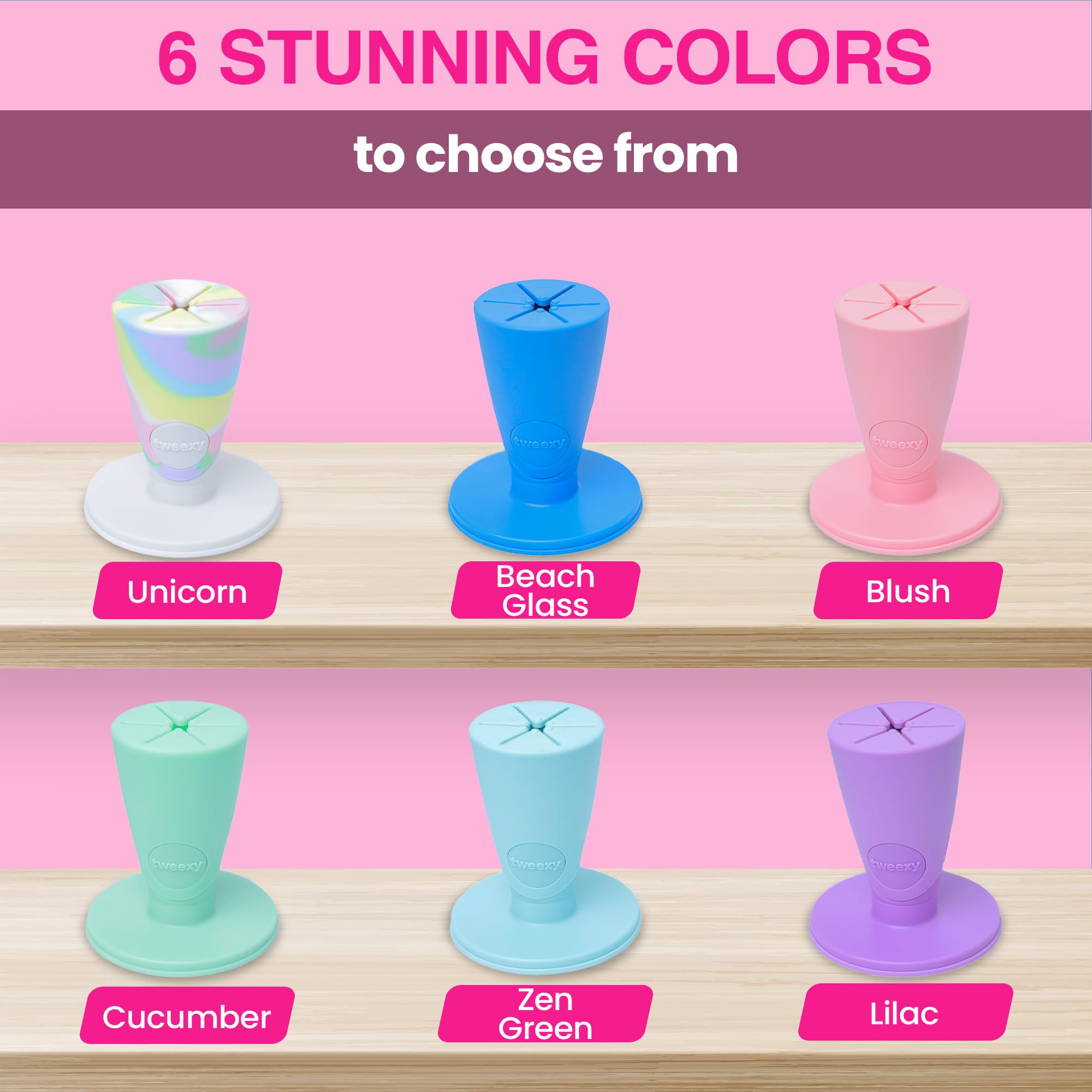Tweexy Hinge silicone grip ensures universal bottle fit across common nail polish bottles.