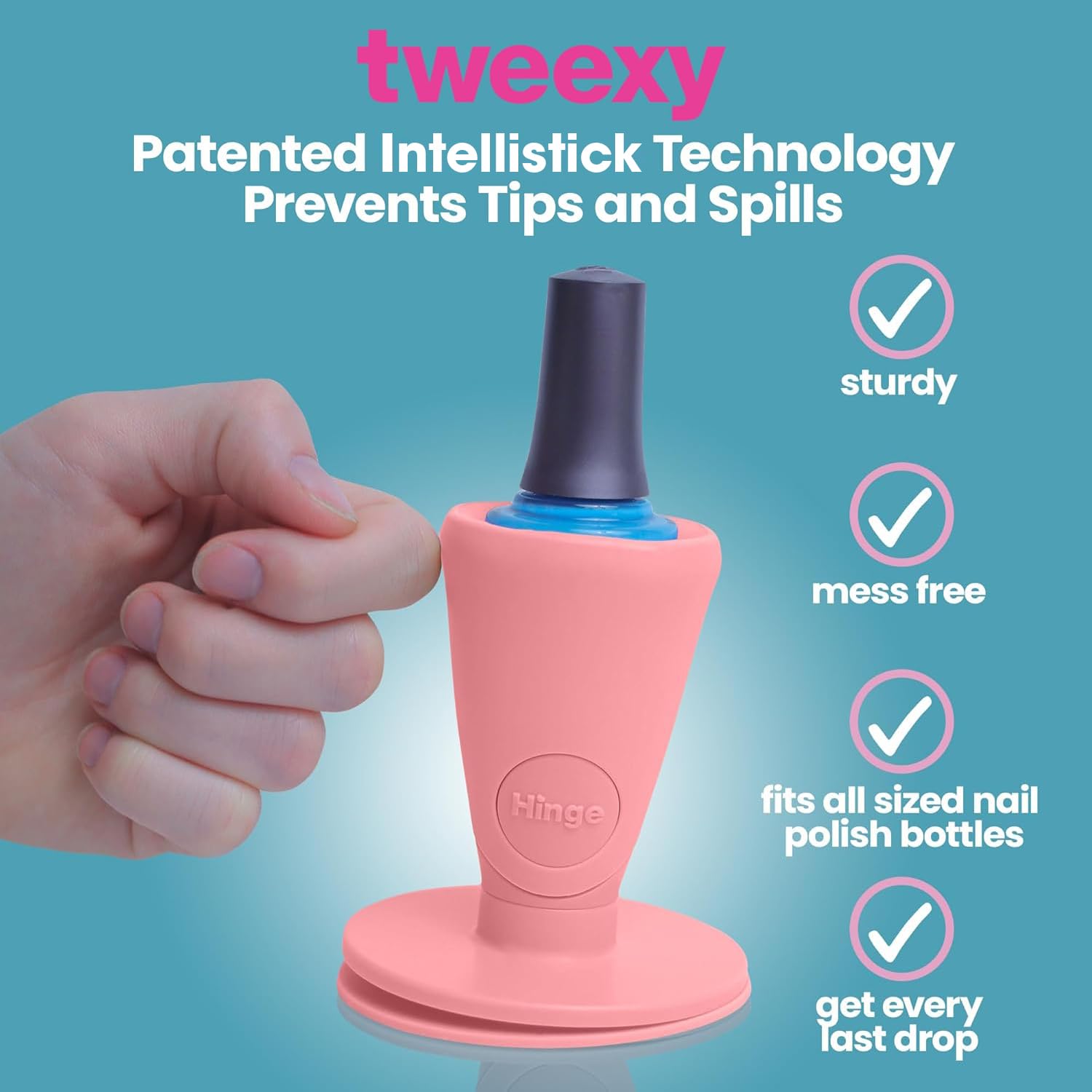 Tweexy Hinge IntelliStick airlock suction grips surfaces securely during manicures.