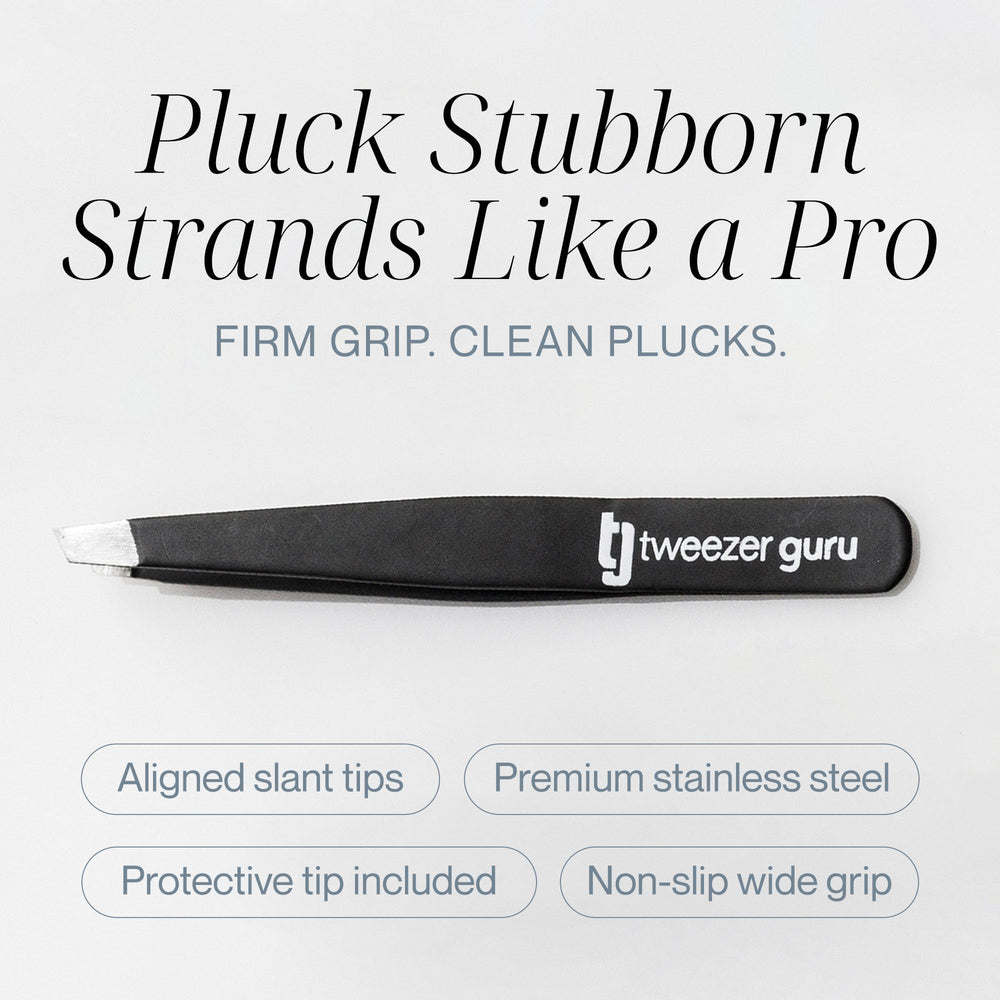 Tweezer Guru angled tip closeup enabling precise ingrown hair and blackhead access.